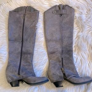 Grey suede Fergalicious boots. Inside zipper.